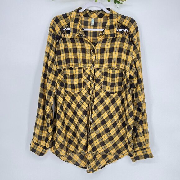 Free People Gauzy Plaid Lace-Up Button Down Shirt Size Large - Picture 4 of 12